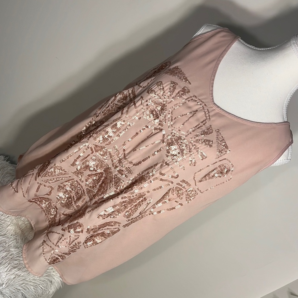 Blush colored, V-neck tank top with sequins